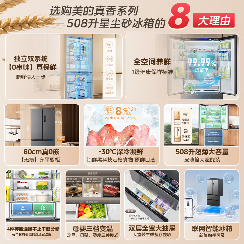 Midea Zhenxiang series 508 French multi-door 60cm ultra-thin zero-embedded four-door dual-system bottom cooling refrigerator subsidy instant discount BCD-508WUFPZM (E) Stardust Sand