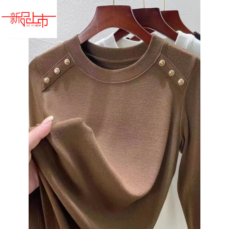 Yalu De Velvet Plus Velvet Thickened Shoulder Button Long Sleeve T-shirt Women's Autumn and Winter New Style Round Neck Fashion Warm Bottoming Shirt for Women's Outerwear White M