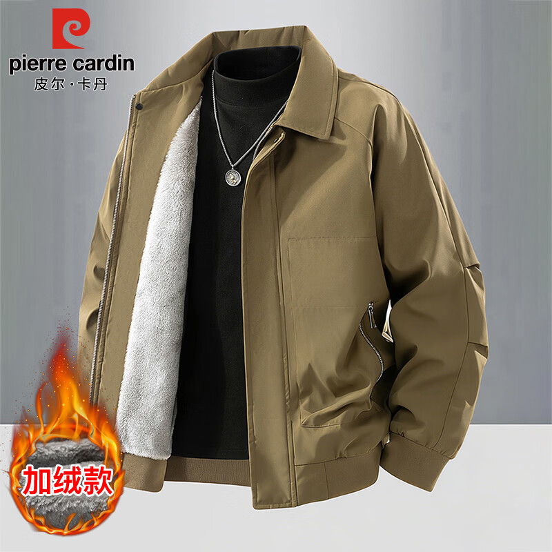 Pierre Cardin coat men's autumn and winter lapel flight jacket men's velvet warm casual clothes green brown velvet 2XL