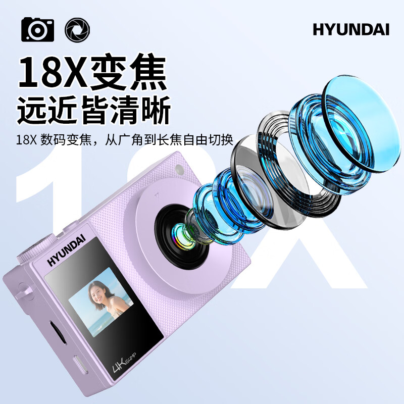 HYUNDAI modern ccd digital camera for photography, travel shooting, special vlog photography camera, student party can upload mobile phone, entry-level front and rear dual screen, self-portrait texture powder 32G