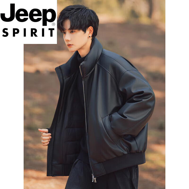JEEP SPIRIT International Brand Stand Collar Down Jacket Men's Winter Thickened Cold Warm Motorcycle PU Leather Jacket Jacket Short Black L (125-140 catties)