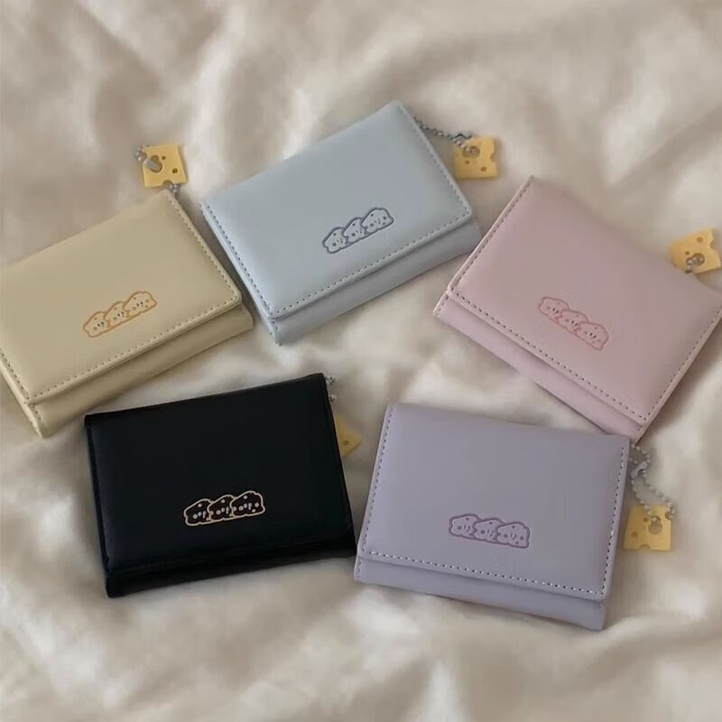 Fuyan cheese cheese short small wallet for women 2024 new student cute cartoon large capacity card holder tri-fold blue cheese style - with pendant upgraded version - anti-degaussing + anti-theft brush