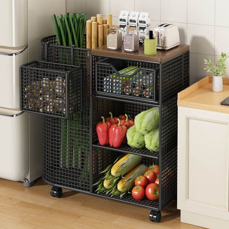 Wing Fantasy Mobile Kitchen Vegetable Basket Rack Household Floor-standing Multi-layer Fruit and Vegetable Storage Multi-function Oven Microwave Pot Rack White + Floor Standing Pull-out Drawer No Grid