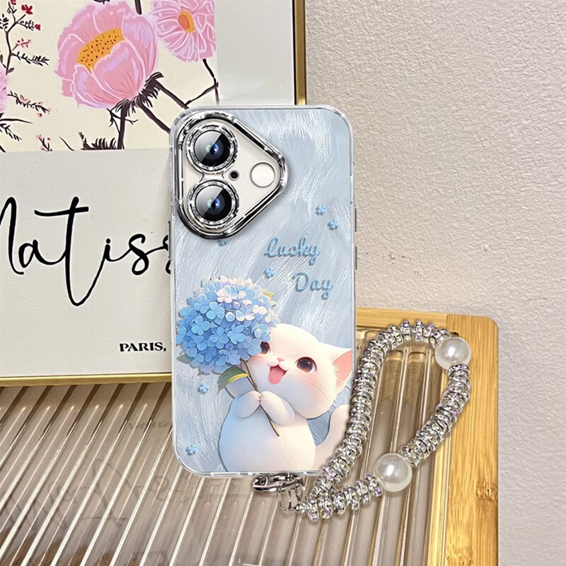 Jiang Ming comes with lens film suitable for Apple 17 mobile phone case iphone17 protective cover all-inclusive anti-fall Internet celebrity light luxury high-end creative men and women feather yarn shell hydrangea cat with bracelet