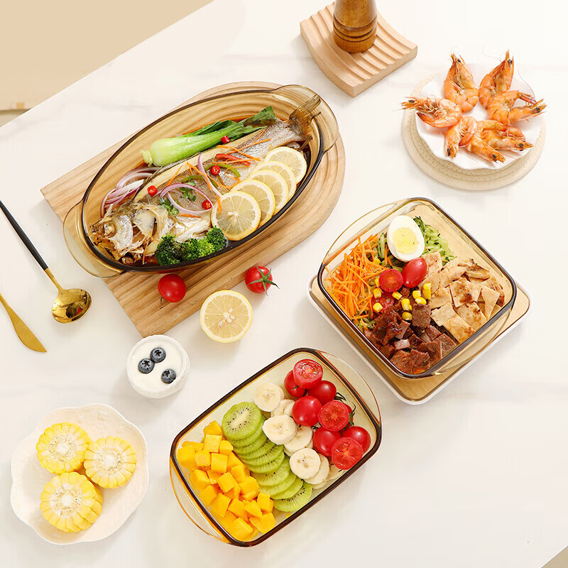 Corning tableware heat-resistant glass steamed fish plate oval baking pan amber dinner plate dish plate rice plate microwave safe