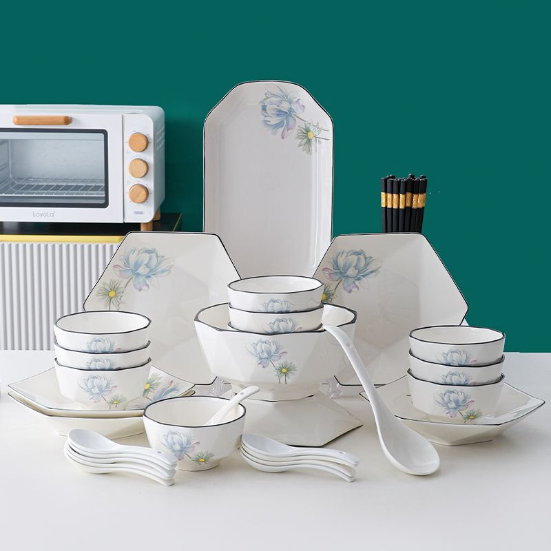 Qinkai Guoxianghua bowl and dish set for home use, light luxury and high appearance, new style ceramic tableware set for housewarming, 40 pieces, 10 bowls, 10 plates, 10 spoons, 10 chopsticks