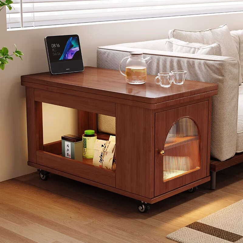 Mobile side table foldable small coffee table living room household small apartment sofa side cabinet solid wood multi-functional trolley walnut color all solid wood folding side table