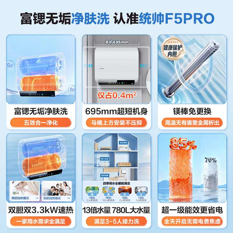 Haier produces the Commander Lazy Series 60-liter double-gallon flat-bucket electric water heater JD.com self-operated door-to-door installation scale-free clean water washing 3300W first-class energy efficiency national subsidy F5PRO