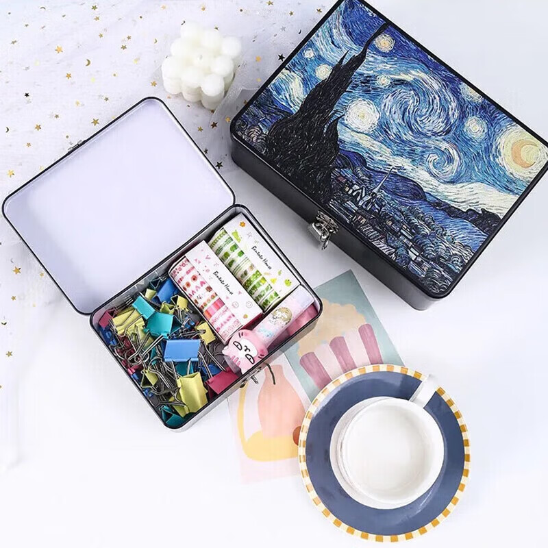 Haofanjie storage box with lock, storage box, iron box, lockable small box, password box, mobile phone self-discipline box, Starry Moon Night - Large, with password lock (random style)