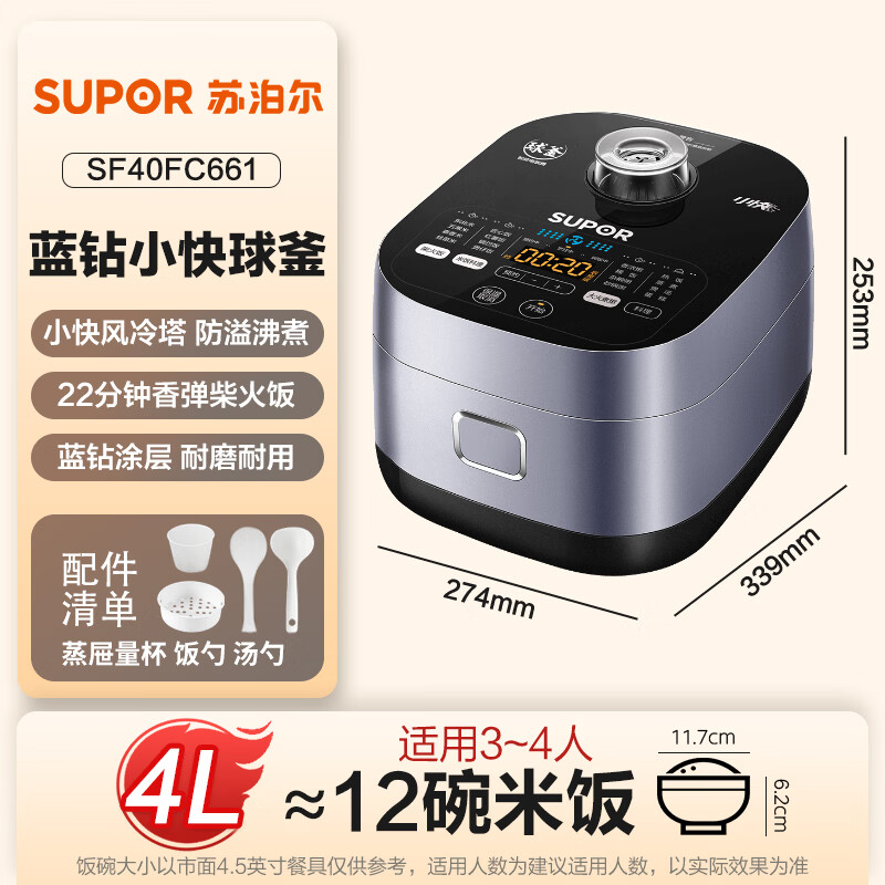 SUPOR rice cooker for 3-4 people, large capacity, 4 liters, blue diamond small fast ball kettle, firewood rice cooker, household non-stick pot, steamed rice, porridge pot, multi-functional micro-pressure smart rice cooker SF40FC661