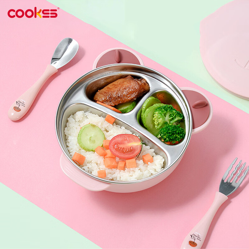 COOKSS children's dinner plate 316 stainless steel divided baby tableware food bowl baby suction cup water-filled thermal insulation bowl fork spoon powder