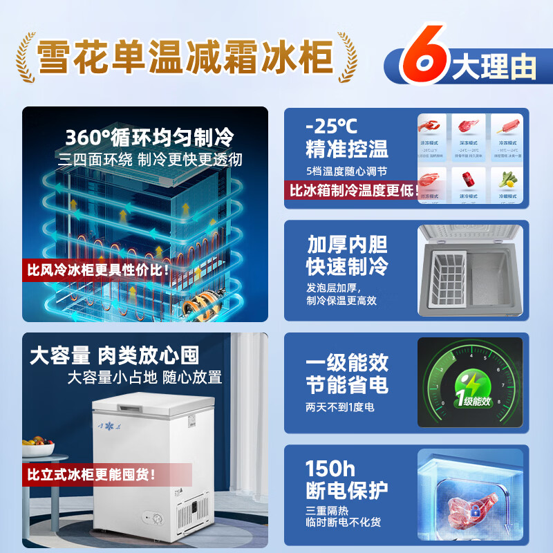 Snowflake first-class energy-saving small freezer household large-capacity commercial refrigeration and freezing small energy-saving micro-frost mini freezer 148L first-class energy efficiency/ten-year warranty/copper tube micro-frost 148L