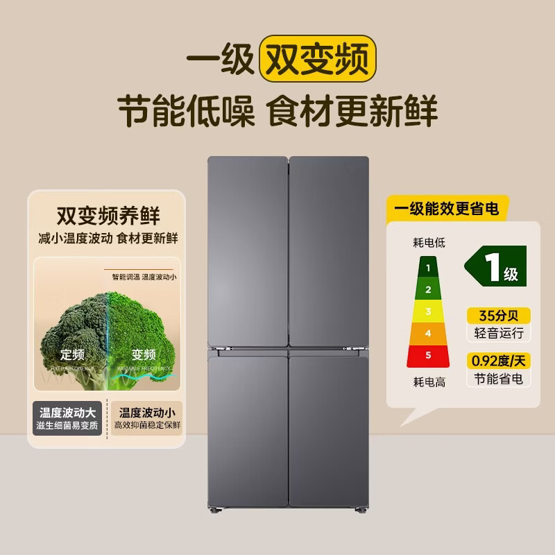 Haier refrigerator 502 liter double cycle ultra-thin can be embedded in four-door cross double-door first-class energy efficiency dual frequency conversion within 60cm large capacity national subsidy leader series 510 lazy series + 594mm ultra-thin + double sterilization + three-speed temperature change