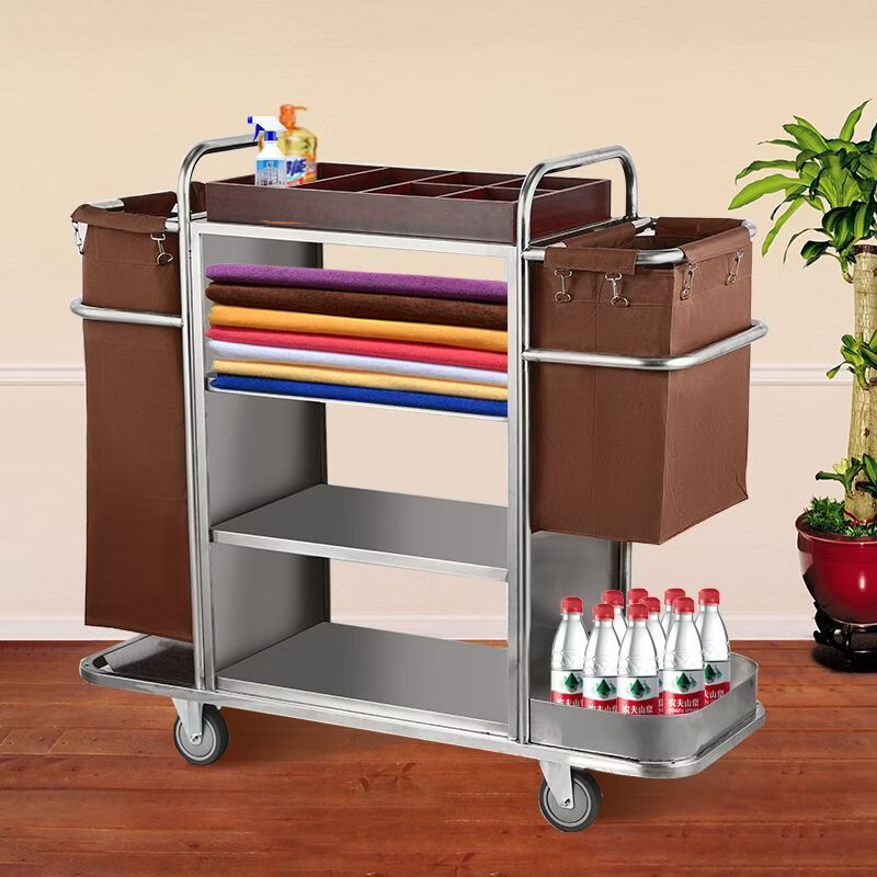Linen cart, work cart, hotel room multi-function hand push cleaning cart, cloth bag, guest room entrance hygiene service cart, 4-inch wheels on one side, suitable for carpets