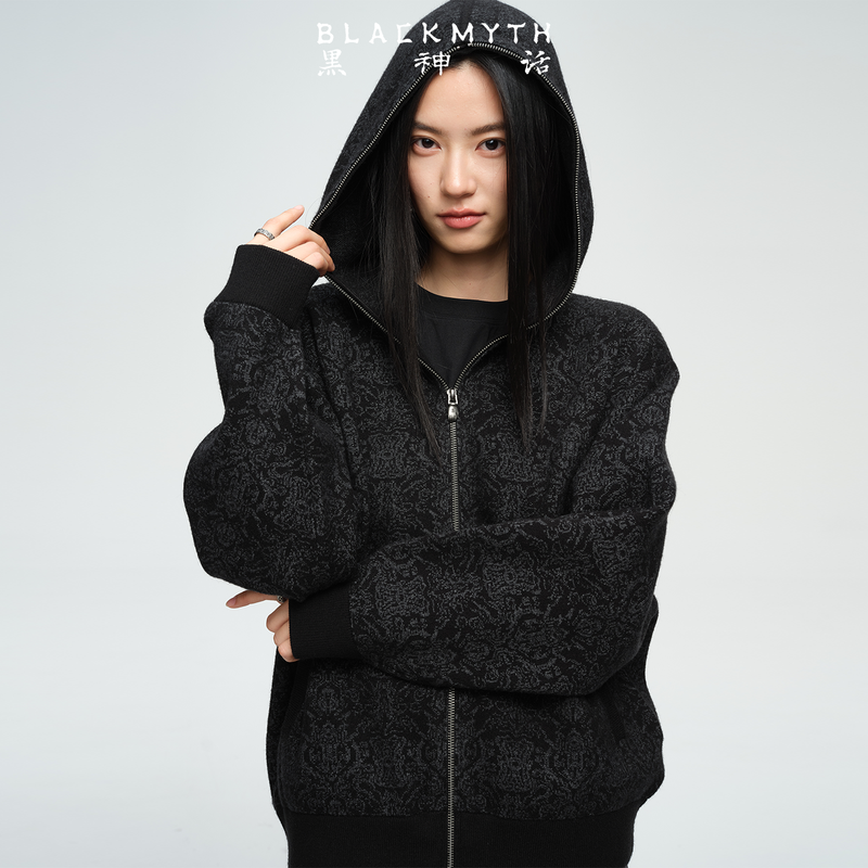 Black Myth Great Sage Golden Armor Dark Flower Sweater Men and Women Monkey King Versatile Hooded Knitted Zipper Loose and Comfortable Sweater Cardigan Jacket L