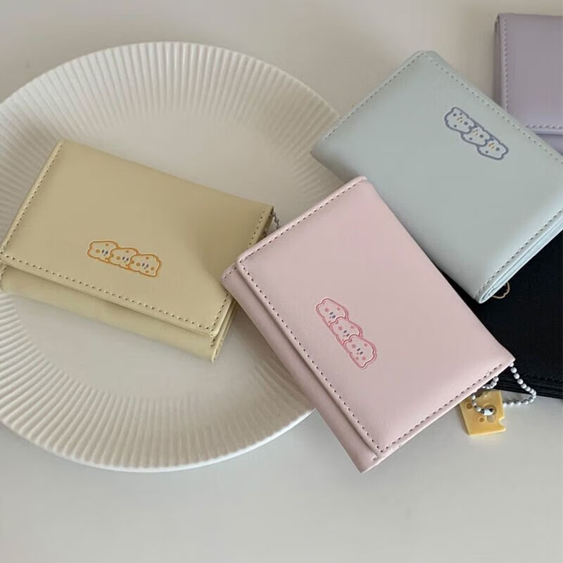 Fuyan cheese cheese short small wallet for women 2024 new student cute cartoon large capacity card holder tri-fold blue cheese style - with pendant upgraded version - anti-degaussing + anti-theft brush