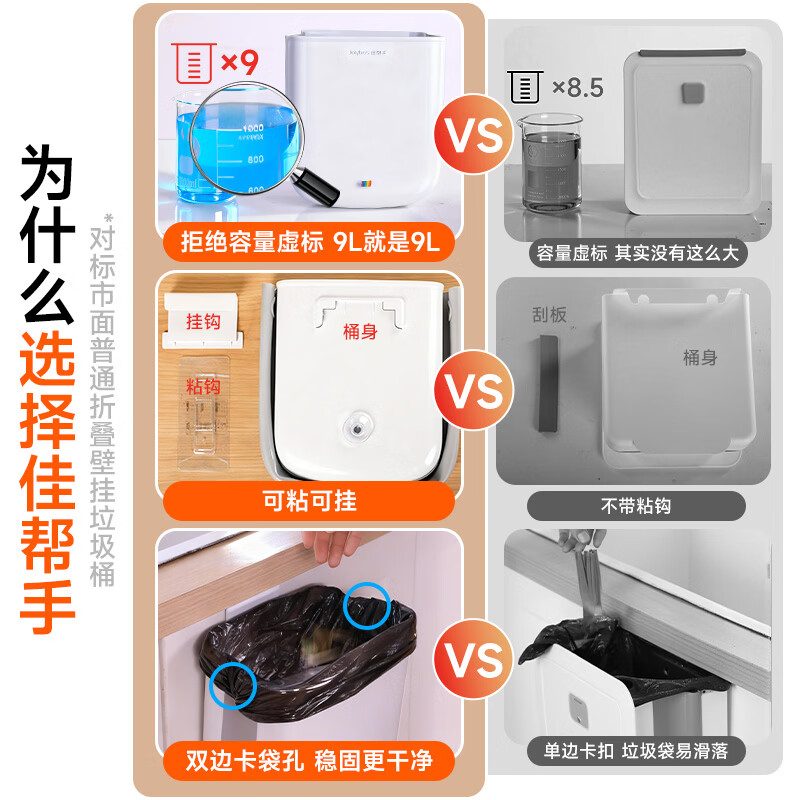 Jia helper kitchen trash can 8L household Internet celebrity cabinet door wall-mounted bathroom storage paper basket folding model