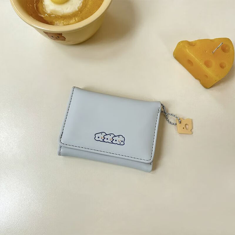 Fuyan cheese cheese short small wallet for women 2024 new student cute cartoon large capacity card holder tri-fold blue cheese style - with pendant upgraded version - anti-degaussing + anti-theft brush