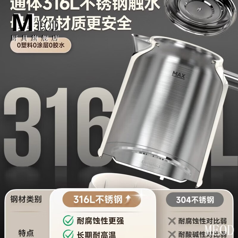 MEOD German imported quality 316L stainless steel electric kettle household large capacity thermal insulation kettle electronic model 1702ml