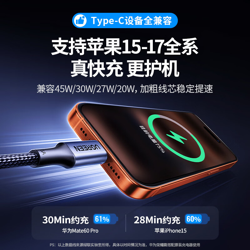 Greenlink is suitable for Apple 17/16/15 charging cable Type-C data cable double-ended PD60W fast charging ctoc car iPhone17/16e/15ProMax tablet iPad cable 2 meters