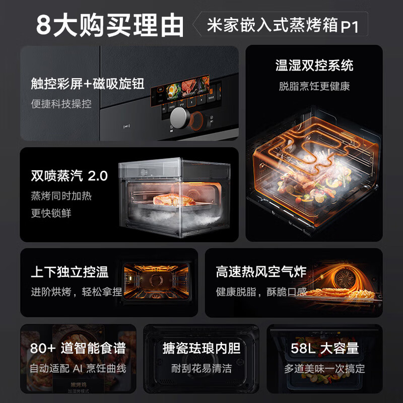 Mijia Xiaomi Embedded Steam Oven P1 Steaming, Baking and Frying 3-in-1 Household 58L Large Capacity Multi-Function Electric Steaming Oven Independent Temperature Control Smart Color Screen Touch MQR02M
