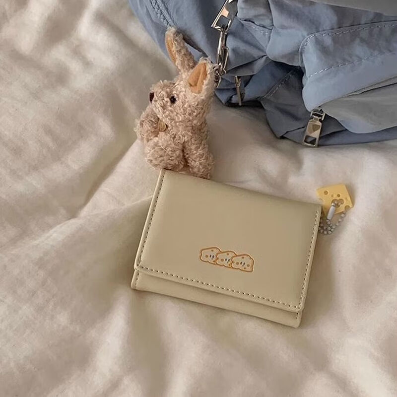 Fuyan cheese cheese short small wallet for women 2024 new student cute cartoon large capacity card holder tri-fold blue cheese style - with pendant upgraded version - anti-degaussing + anti-theft brush