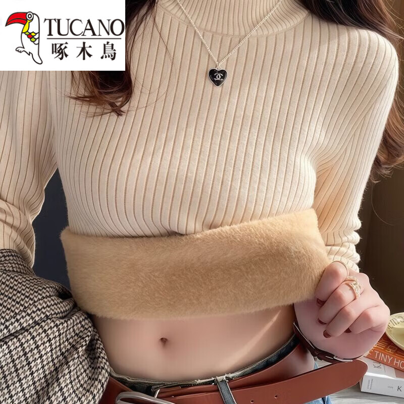 Woodpecker (TUCANO) bottoming shirt for women, which can be worn inside and outside, western style 2025 new thickened velvet half turtleneck sweater bottoming shirt for women, apricot, autumn and winter, thickened XL 120-135