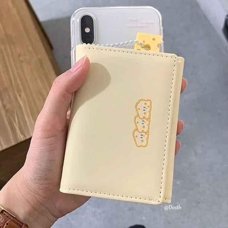 Fuyan cheese cheese short small wallet for women 2024 new student cute cartoon large capacity card holder tri-fold blue cheese style - with pendant upgraded version - anti-degaussing + anti-theft brush