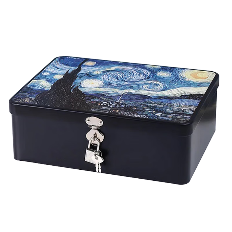 Haofanjie storage box with lock, storage box, iron box, lockable small box, password box, mobile phone self-discipline box, Starry Moon Night - Large, with password lock (random style)