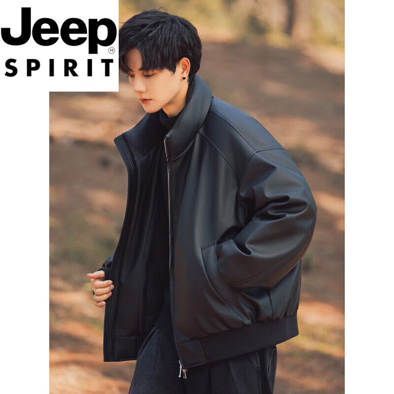 JEEP SPIRIT International Brand Stand Collar Down Jacket Men's Winter Thickened Cold Warm Motorcycle PU Leather Jacket Jacket Short Black L (125-140 catties)