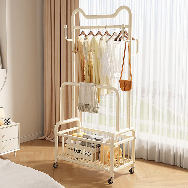 Wooden cream style simple clothes hanger floor-standing bedroom coat rack with wheels mobile living room single pole clothes drying storage hanger 60cm cream white