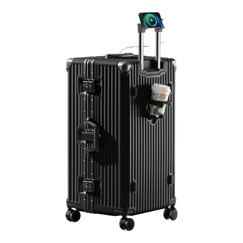 Large-capacity suitcase, multi-functional suitcase, high-looking aluminum frame trolley case, universal wheel password box for male and female students, black 30 inches