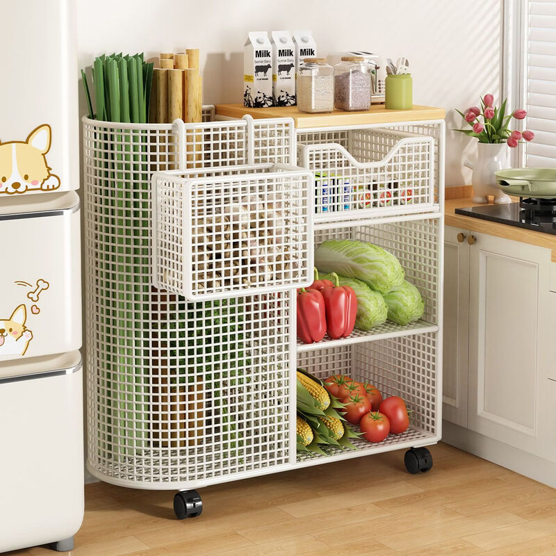 Wing Fantasy Mobile Kitchen Vegetable Basket Rack Household Floor-standing Multi-layer Fruit and Vegetable Storage Multi-function Oven Microwave Pot Rack White + Floor Standing Pull-out Drawer No Grid