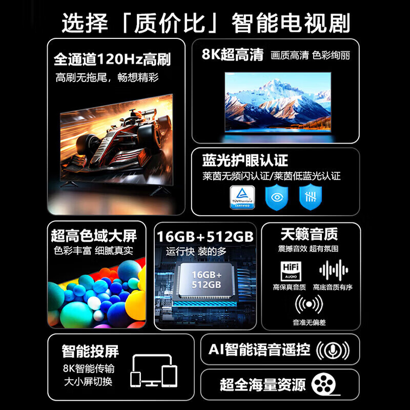 Ace Tiny Smart Screen Top 10 TVs 8K LCD Full Screen Home Eye Protection Smart Network Ultra HD Blu-ray WiFi Borderless Voice Mobile Phone Screen Living Room 85 Inch (Length 144cm Width 82cm) Online Version Ultra-clear 8K Smart Version 16+512G+ Member Viewing