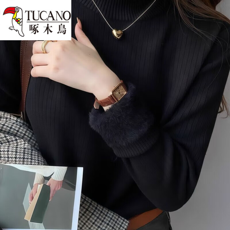 Woodpecker (TUCANO) bottoming shirt for women, which can be worn inside and outside, western style 2025 new thickened velvet half turtleneck sweater bottoming shirt for women, apricot, autumn and winter, thickened XL 120-135