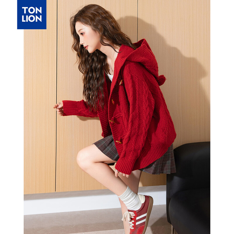 TonLion 2025 Autumn and Winter Women's Hooded Cable Cardigan Sweater