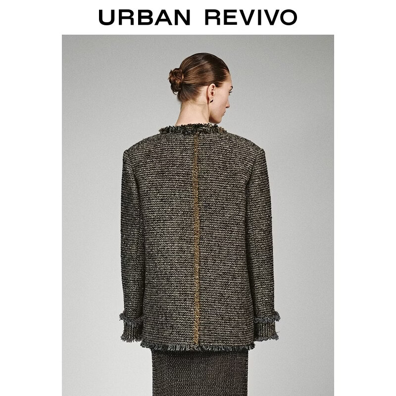 UR2026 spring new women's casual gold silk fur edge tweed jacket with wool UWH160012+