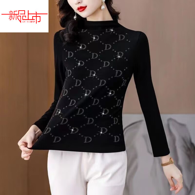 Yalu double-sided German velvet half-high collar women's warm tops 2025 autumn and winter versatile western hot diamond bottoming shirt women's new style silver diamond small D double-sided German velvet 713 M recommended 85 catties-115 catties