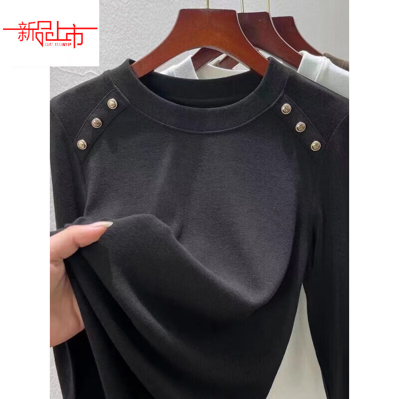 Yalu De Velvet Plus Velvet Thickened Shoulder Button Long Sleeve T-shirt Women's Autumn and Winter New Style Round Neck Fashion Warm Bottoming Shirt for Women's Outerwear White M