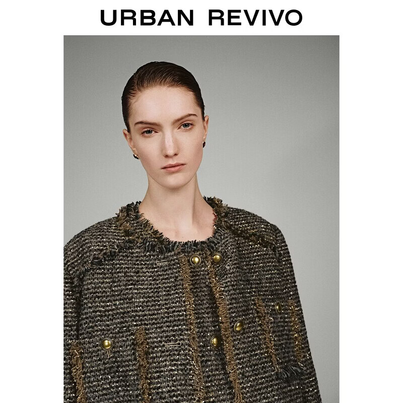 UR2026 spring new women's casual gold silk fur edge tweed jacket with wool UWH160012+
