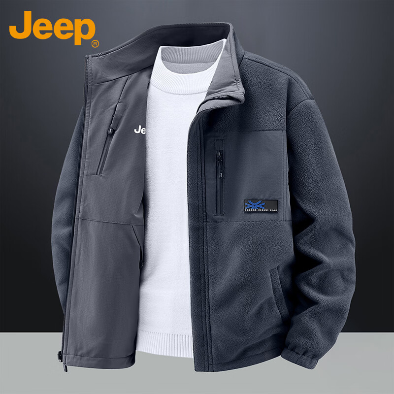 JEEP Jeep Jacket Men's Velvet Thickened Warm Jacket Autumn and Winter Casual Top Men's Dark Gray Velvet XL