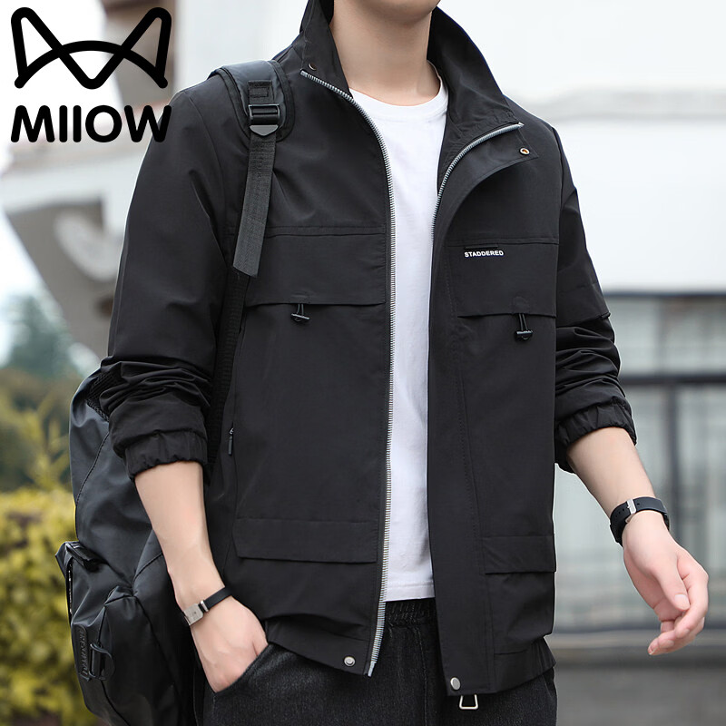 Cat Man Jacket Men's Spring and Autumn Windproof Stand Collar Work Jacket Loose Breathable Top Khaki XL