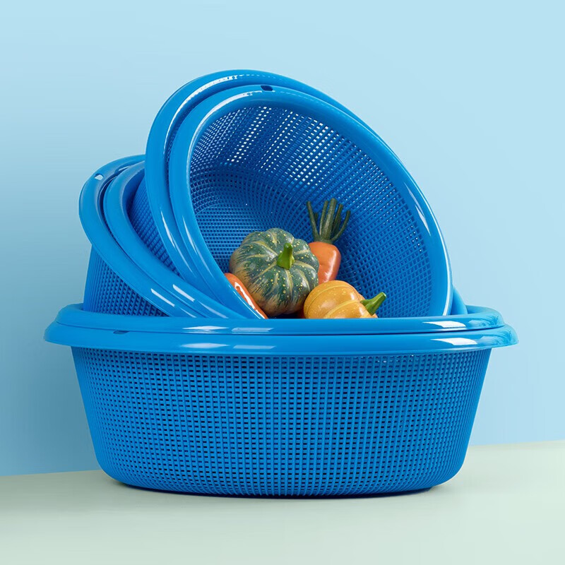 Camellia Lehui round sieve plastic basket round thickened vegetable basket storage large organizer kitchen drain blue household blue 44CM