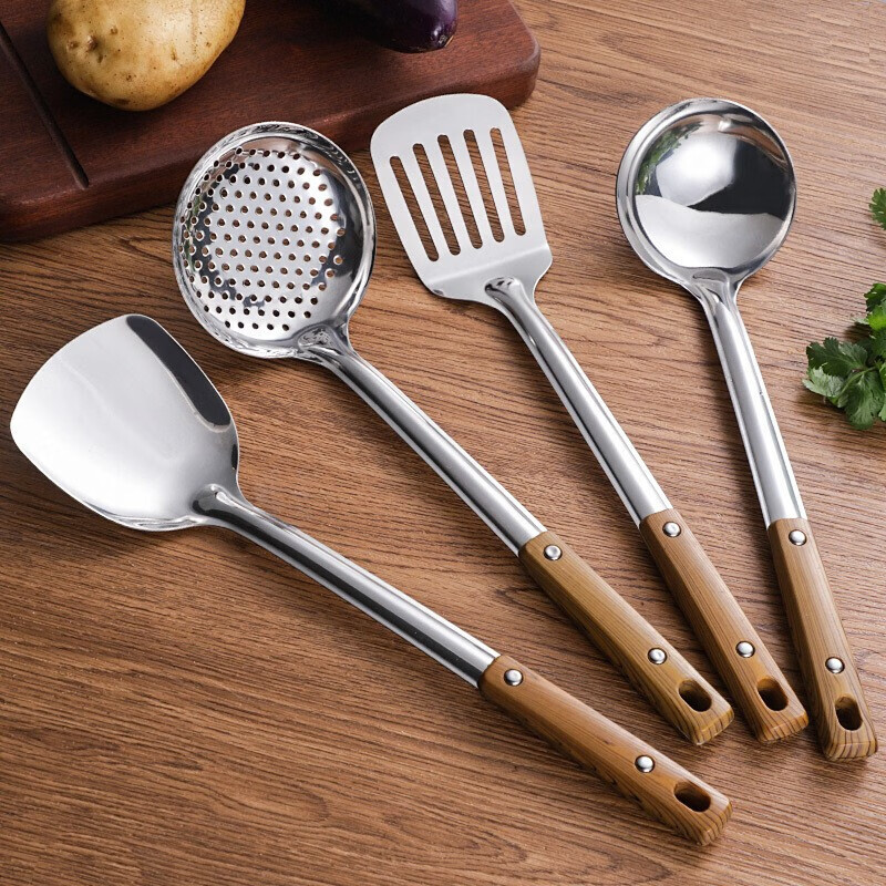 Tuojin stainless steel spatula, frying spatula, soup spoon, colander, rice spoon, cooking tools, household kitchen utensils, kitchen supplies, thickened 4 pieces, spatula + soup spoon + colander + frying spatula