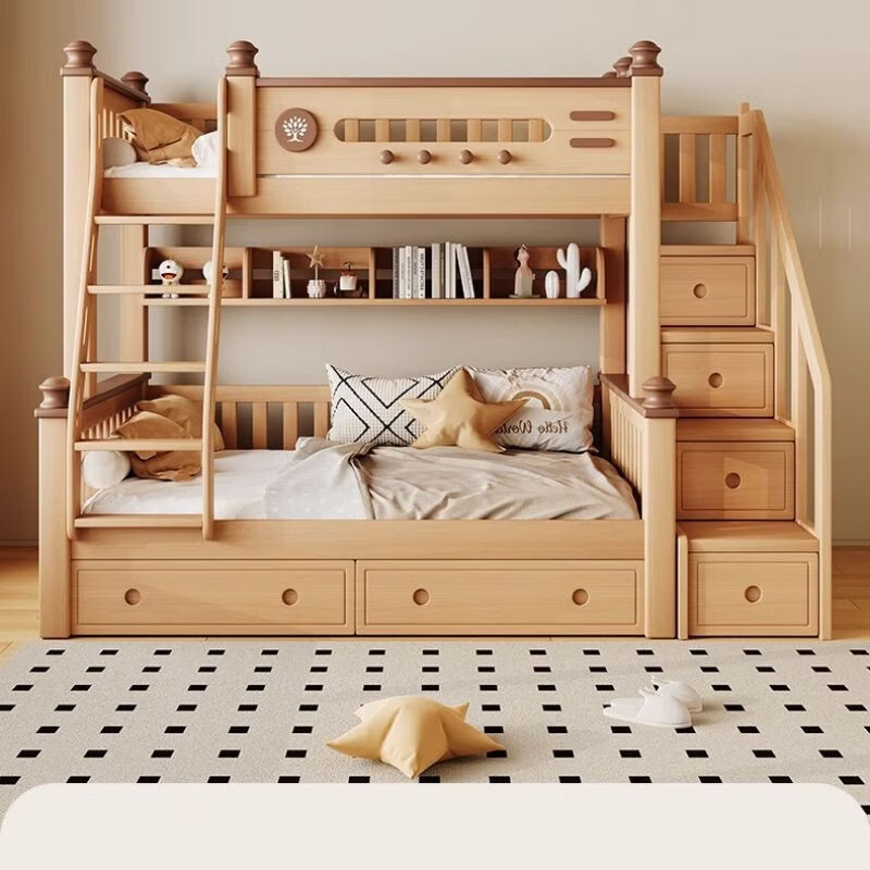 Yusenyi Eisenai bunk bed solid wood bunk bed small apartment high and low bed beech wood children's bed thickened ladder cabinet + bookshelf free upper and lower mattress 1800mmx1900mm