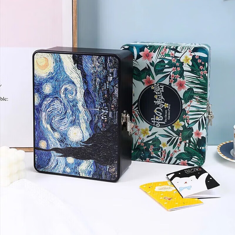 Haofanjie storage box with lock, storage box, iron box, lockable small box, password box, mobile phone self-discipline box, Starry Moon Night - Large, with password lock (random style)