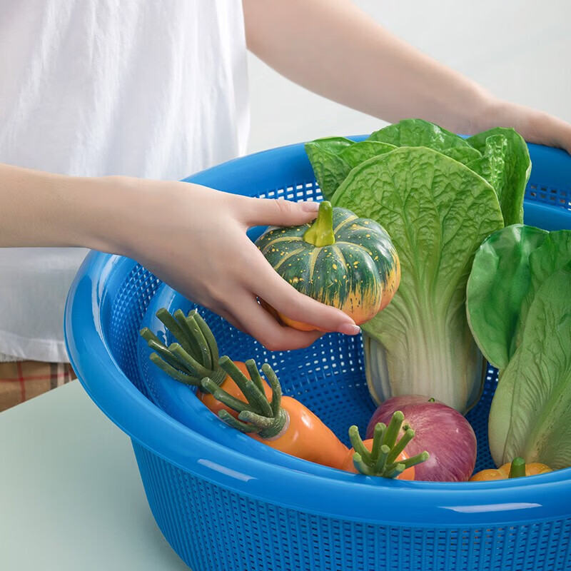 Camellia Lehui round sieve plastic basket round thickened vegetable basket storage large organizer kitchen drain blue household blue 44CM