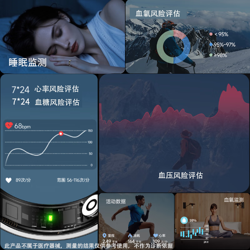 NUIBC black technology blood sugar assessment smart ring Ring measures blood lipids, uric acid, blood pressure, heart rate, sleep blood oxygen, body temperature, health risk assessment, sports, Huawei, Samsung, Xiaomi, universal, black, blood sugar, blood lipids, uric acid, and body temperature, 12 finger circumference/circumference 70mm