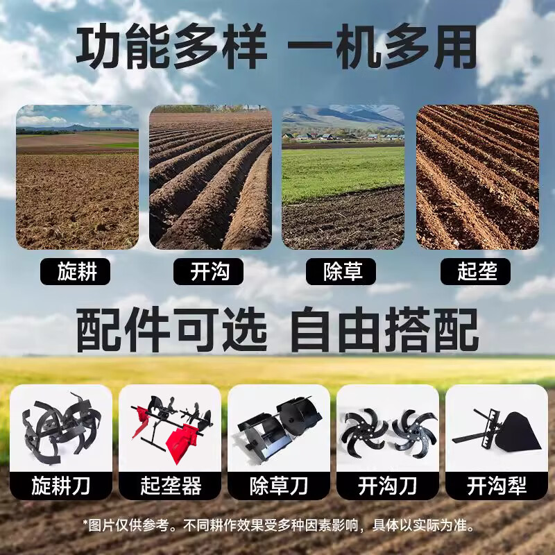 Wornonside's new small diesel micro-tiller multi-functional agricultural plowing ditching mountain soil plowing new cultivator rotary tiller air-cooled gasoline 170 hand-pulled (7.5 HP) rotary tiller blade + rubber wheel + weeding wheel + furrow plow + ridger