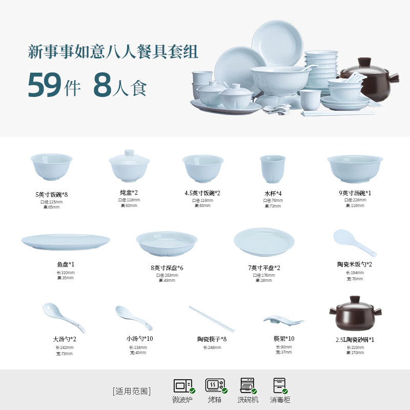 Changnan Jingdezhen ceramic tableware set celadon bowls and plates practical dinner plates and bowls set for eight persons housewarming gift Changnan Collection-Xin Shishi Ruyi Set for eight persons
